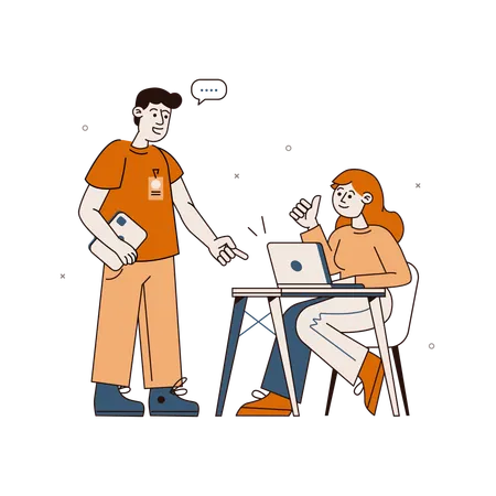 Interacción entre un hombre y una mujer con una computadora portátil  Ilustración