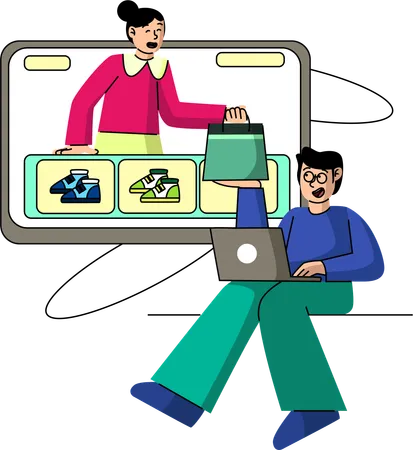An Illustration Depicting A User Interacting With An Online Shopping Interface Choosing Between Different Shoe Designs Displayed By A Saleswoman Illustration