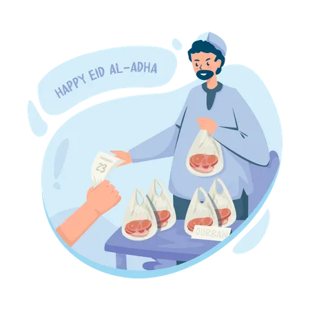 Ilustracion Plana De Cupones De Carne De Intercambio De La Tradicion Sacrificial Islamica Eid Al Adha Ilustración