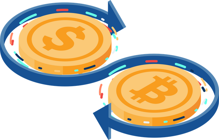 Intercambio entre monedas de dólar y Bitcoin  Ilustración