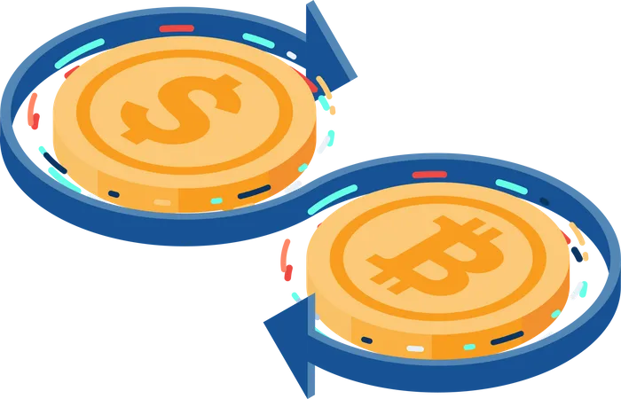 Intercambio entre monedas de dólar y Bitcoin  Ilustración