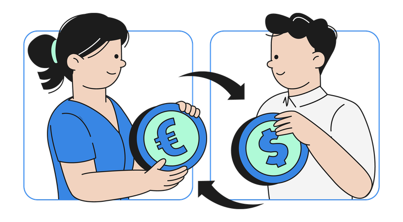 Cambio de divisas internacional y transacción de dinero digital  Ilustración