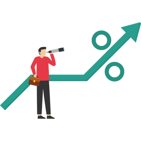 Feds Interest Rate Hike Policy Profits From Raising Interest Rates Or Investments A Businessman Looking Through A Telescope Standing Next To A Percentage Sign Flat Vector Illustration Illustration