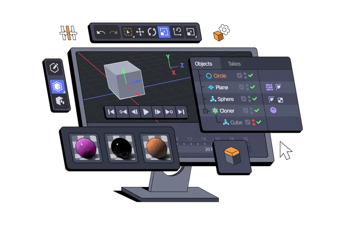 Interfaz del paquete de software 3D mostrada en un monitor de computadora  Ilustración