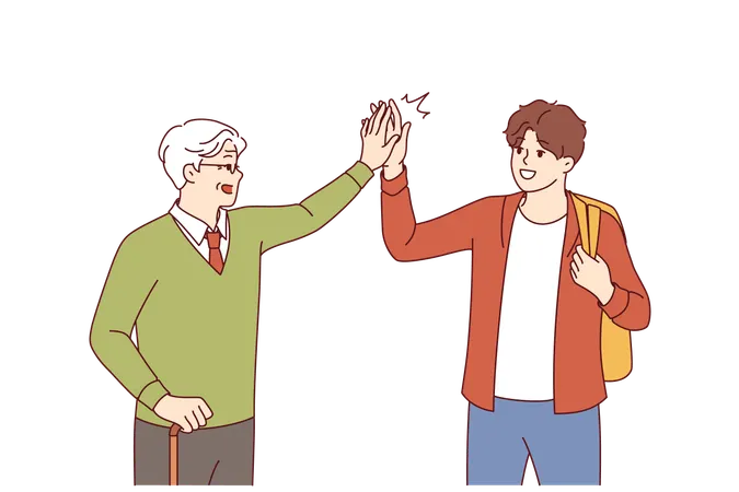ティーンエイジャーと老人が連帯の印としてハイタッチし合う世代を超えた友情  イラスト