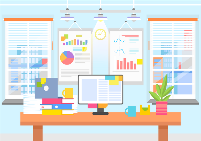 Intérieur de bureau avec graphiques et tableaux sur le mur  Illustration