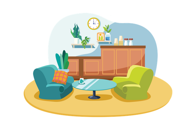 Intérieur de café vide avec support de bar, table et fauteuils  Illustration