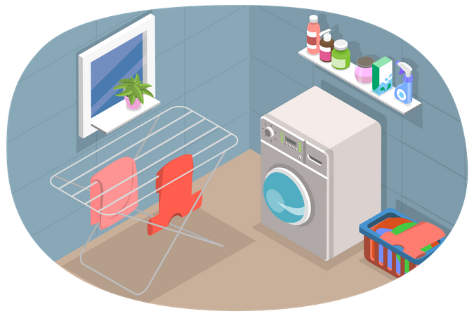 Intérieur de la buanderie, scène de ménage avec machine à laver et autres articles de blanchisserie  Illustration