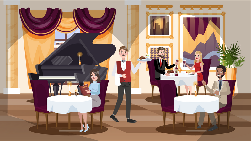 Intérieur de restaurant dans un hôtel avec des personnes à l'intérieur  Illustration