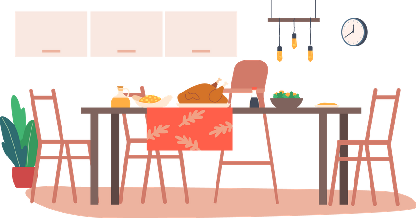 Interior de cocina con mesa de madera.  Ilustración