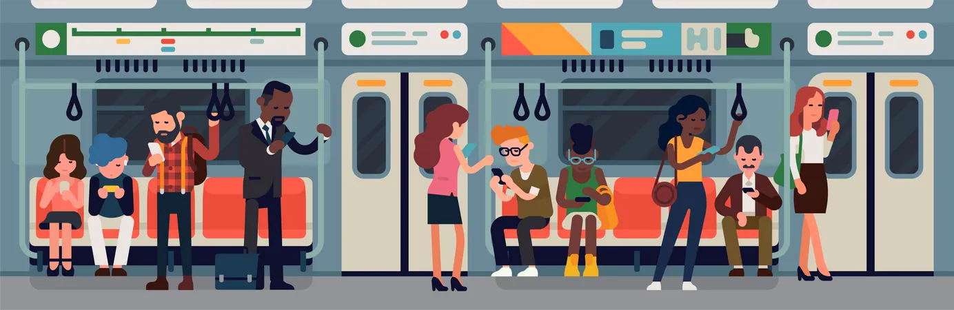 Interior de metrô ou carro subterrâneo com pessoas  Ilustração