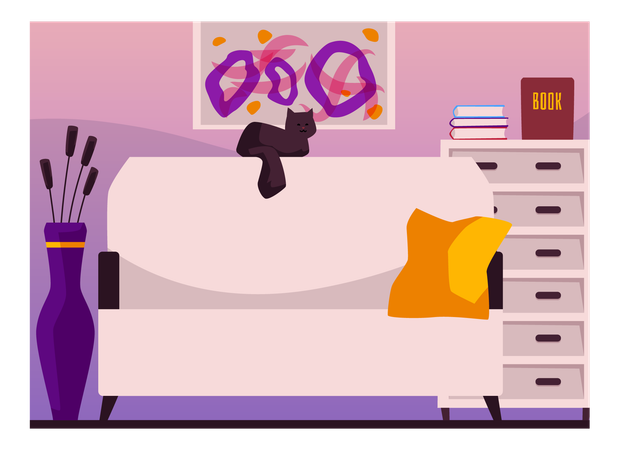 Sofá interior de sala de estar con muebles de gato con libros, flores y cuadros.  Ilustración