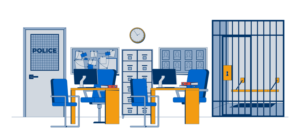 Interior de la comisaría con celda de la cárcel  Ilustración