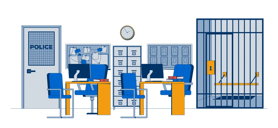 Interior de la comisaría con celda de la cárcel  Ilustración