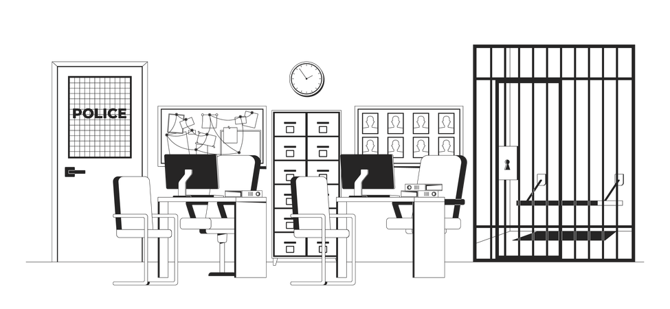 Interior de la comisaría con celda de la cárcel  Ilustración