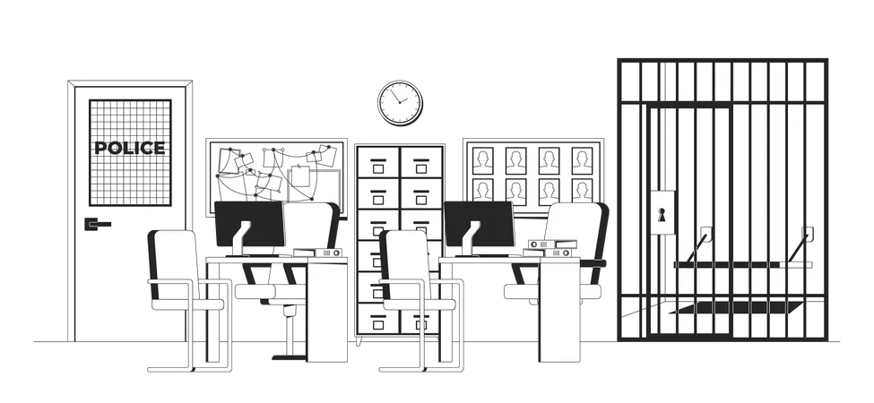 Interior de la comisaría con celda de la cárcel  Ilustración