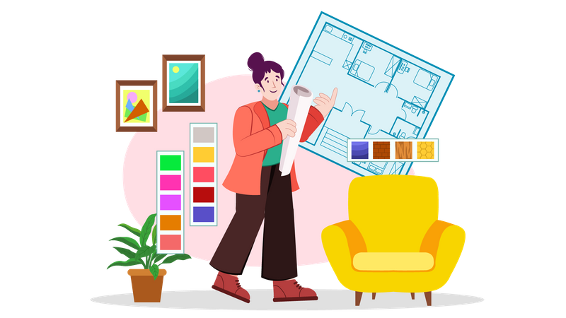 Interior designer working on house plan  Illustration