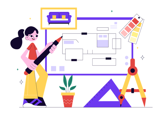 Interior Designer working with house blueprint  Illustration