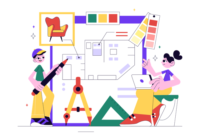 Interior designers working with blueprint  Illustration