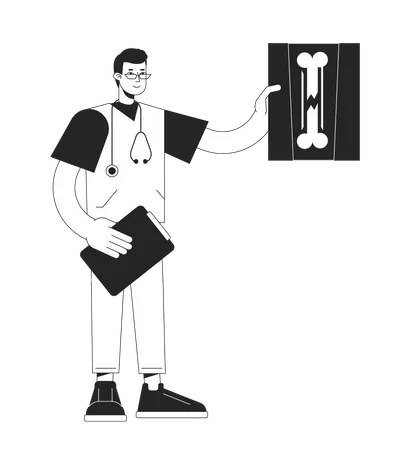 Internal Medicine Doctor Checking X Ray Bw Concept Vector Spot Illustration Specialist 2 D Flat Line Monochromatic Cartoon Character For Web UI Design Editable Hero Image For Landing Mobile Header Illustration