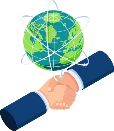 Flat 3 D Isometric Businessman Shake Hands With Partnership Under Earth Globe International Business Collaboration And Teamwork Concept イラスト