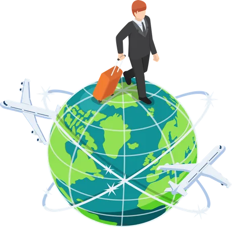Flat 3 D Isometric Businessman With Luggage Walking On The World Business And Travel Concept Illustration