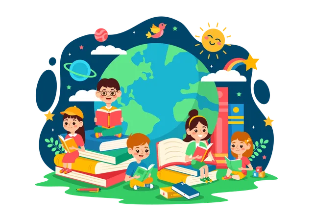 International Childrens Book Day Vector Illustration On 2 April With Kids Reading A Books And Globe Map In Flat Cartoon Background Design 일러스트레이션