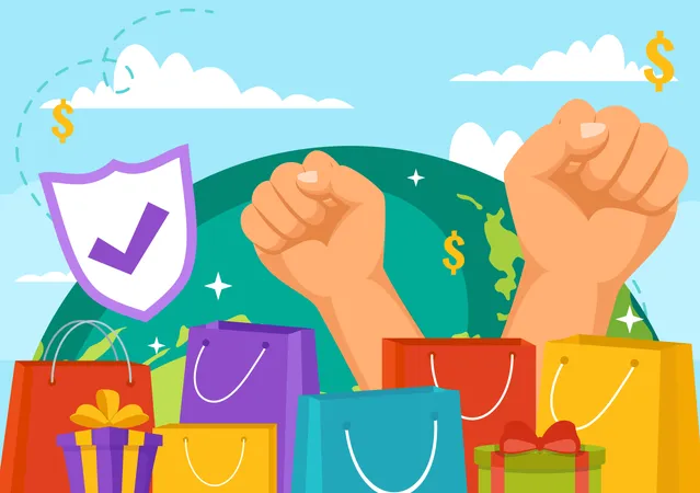 World Consumer Rights Day Vector Illustration On 15 March With Shopping Bags To Be Respected And Protected In Flat Cartoon Background イラスト
