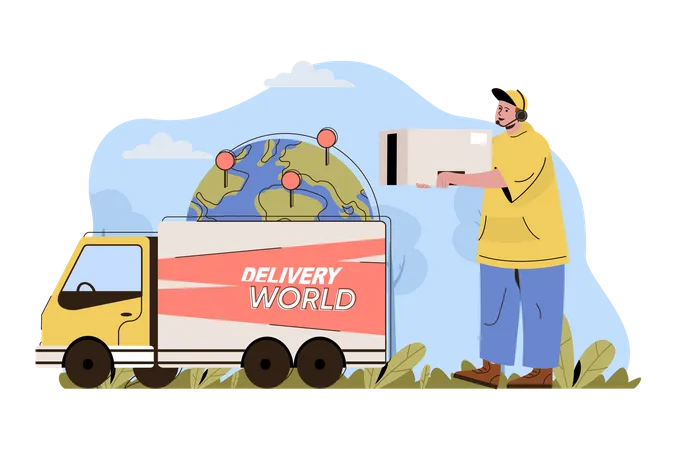 International Delivery Concept Courier Carries Box Truck Delivers Parcels World Situation Global Logistics People Scene Vector Illustration With Flat Character Design For Website And Mobile Site Illustration