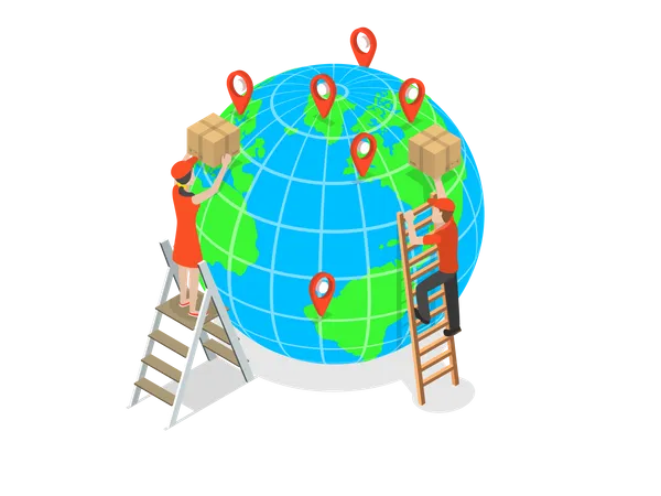 International Delivery Flat Isometric Vector Concept Couriers Are Delivering Parcels To The Globe Model Using Ladders Global Logistic Worldwide Freight Shipping Illustration