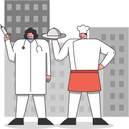 Labour Day Concept People Of Different Professions Prepare To Celebrate The Holiday Doctor And Chef In Uniforms Standing On The Cityscape Background Cartoon Linear Outline Flat Vector Illustration Illustration