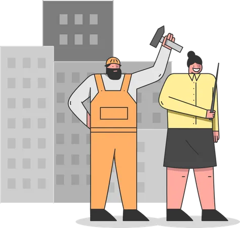 International Labour Day People Of Different Professions Prepare To Celebrate Holiday Teacher And Worker Standing On The Cityscape Background Cartoon Linear Outline Flat Style Vector Illustration Illustration