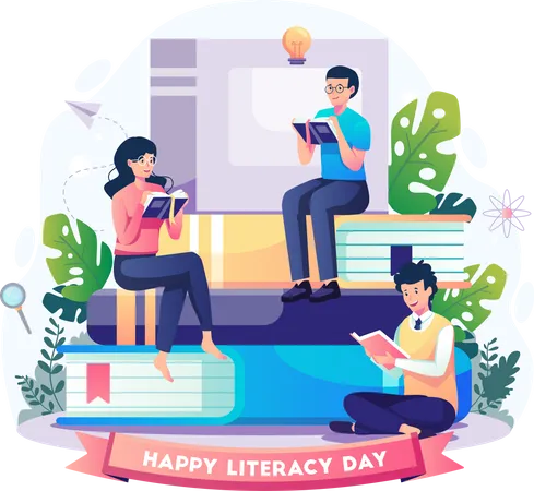 Young Men And Women Read A Book While Sitting And Enjoy Studying Together International Literacy Day Concept Design Vector Illustration In Flat Style Illustration