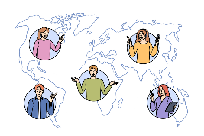 International social network of people over world map for global freelancers team  Illustration