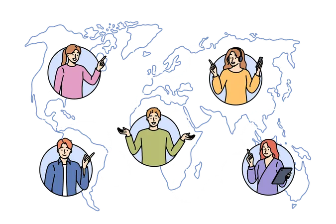 International social network of people over world map for global freelancers team  Illustration