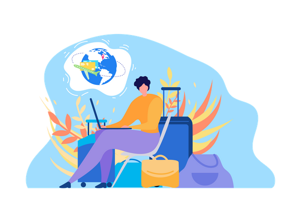 International Traveling with Baggage Woman Using Laptop, Searching Flights Timetable in Internet  Illustration