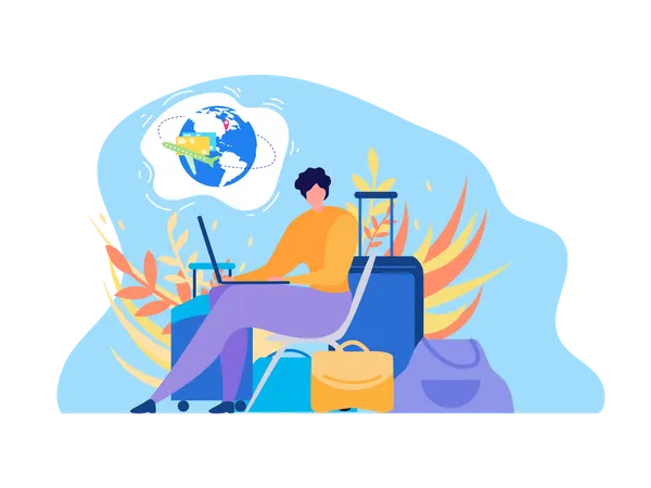 International Traveling with Baggage Woman Using Laptop, Searching Flights Timetable in Internet  Illustration