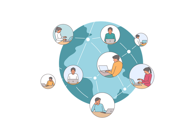Internationales soziales Netzwerk für Geschäftsleute aus aller Welt, die Computer zur Kommunikation nutzen  Illustration