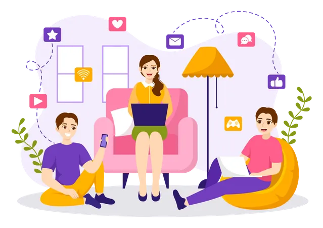 Internet Addiction Vector Illustration With Young People Addicted To Using Devices Such As Laptop Or Smartphone In Flat Cartoon Hand Drawn Templates Illustration