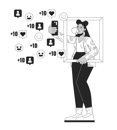 Internet Celebrity Taking Selfie Black And White 2 D Illustration Concept Hispanic Young Woman Holding Phone Cartoon Outline Character Isolated On White Go Viral Metaphor Monochrome Vector Art Illustration