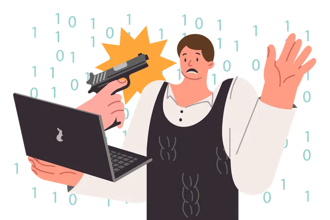 Internet Extortionist Hand With Gun Protrudes From Laptop And Threatens Frightened Man To Encrypt Data Cyber Extortionist Commits Crimes By Encrypting User Files And Demanding Money For Recovery Illustration