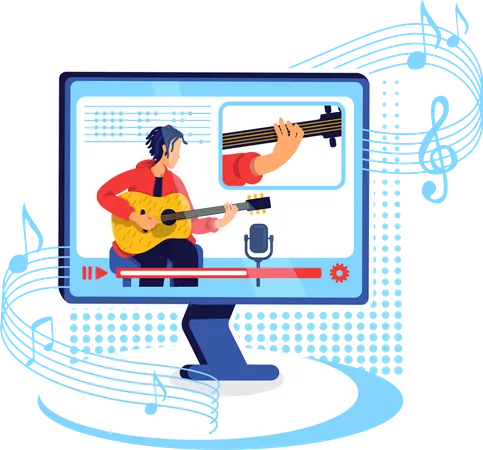 Internet Guitar Tutorial Flat Concept Vector Illustration Video Class On Musical Instrument Hobby Learning Guitarist Teacher 2 D Cartoon Character For Web Design Online Learning Creative Idea Illustration