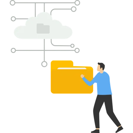 Internet Hosting Concept Online Service For File Management And Digital Information Storage Man Placing Folders In The Cloud Web Database Flat Vector Illustration Illustration