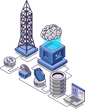 Internet network radar tower and data server  Illustration