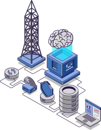 Internet-Netzwerk-Radarturm und Datenserver  Illustration