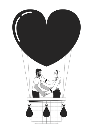Interracial couple floating on air balloon  イラスト