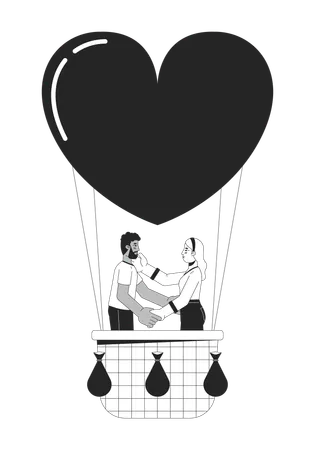 Interracial couple floating on air balloon  Illustration