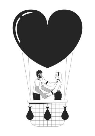 Interracial couple floating on air balloon  Illustration