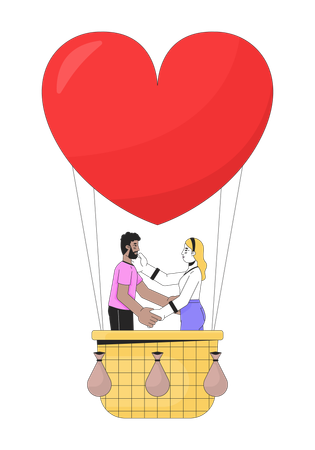 Interracial couple floating on hot air balloon  Illustration