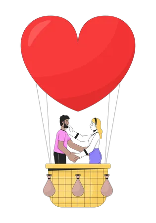 Interracial Couple Floating On Hot Air Balloon 2 D Linear Cartoon Characters Affectionate Boyfriend Girlfriend Isolated Line Vector People White Background Ballooning Color Flat Spot Illustration Illustration